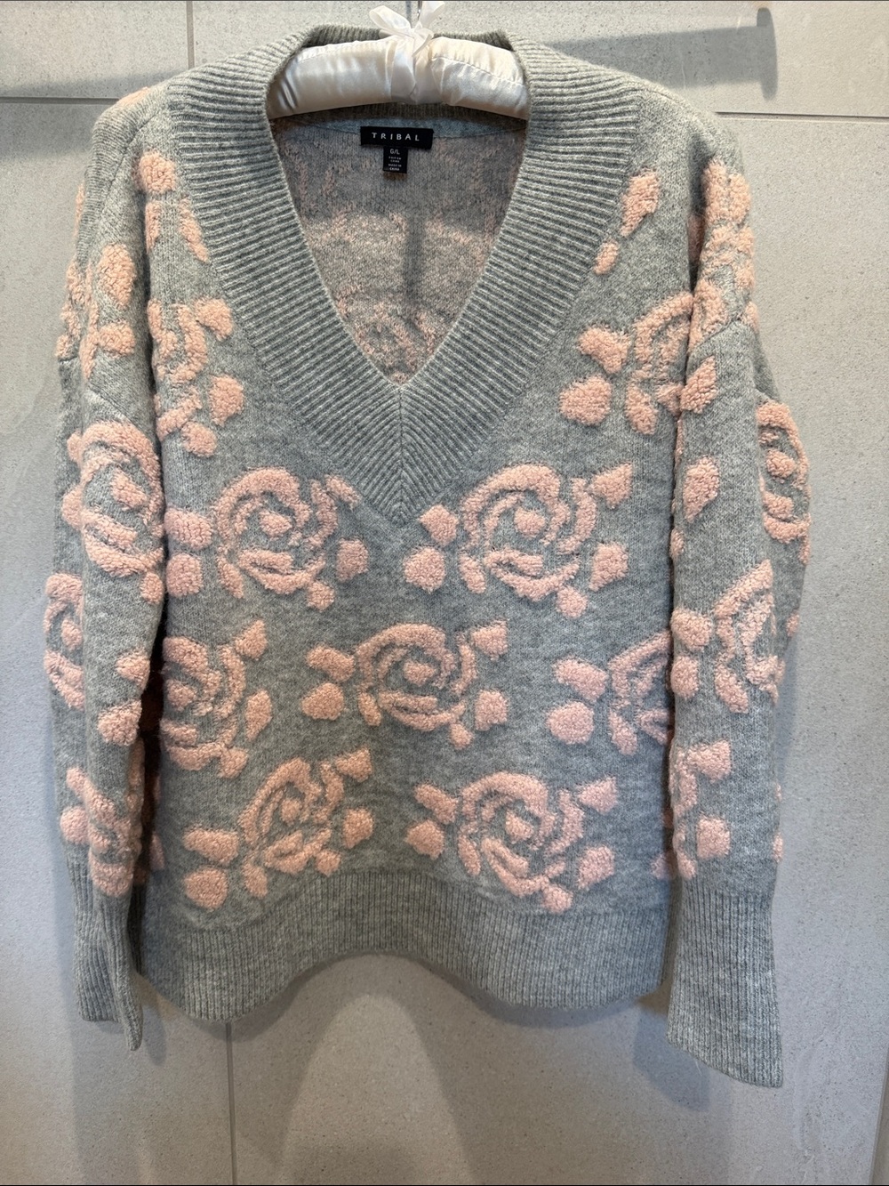 Tribal Grey V-Neck Sweater with Pink Rose Jacquard